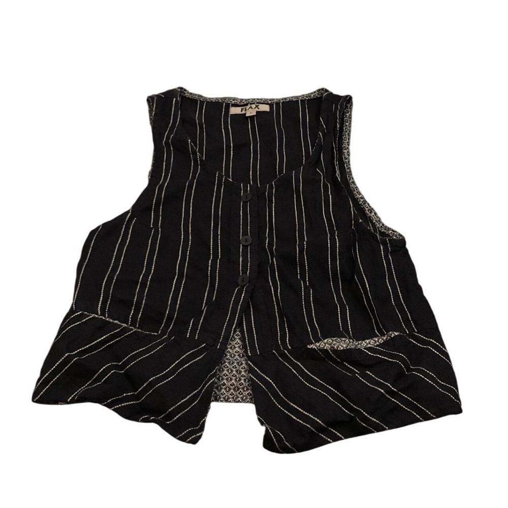 FLAX Vest Womens P Black White Pinstripe Linen Button Up Sleeveless Waistcoat